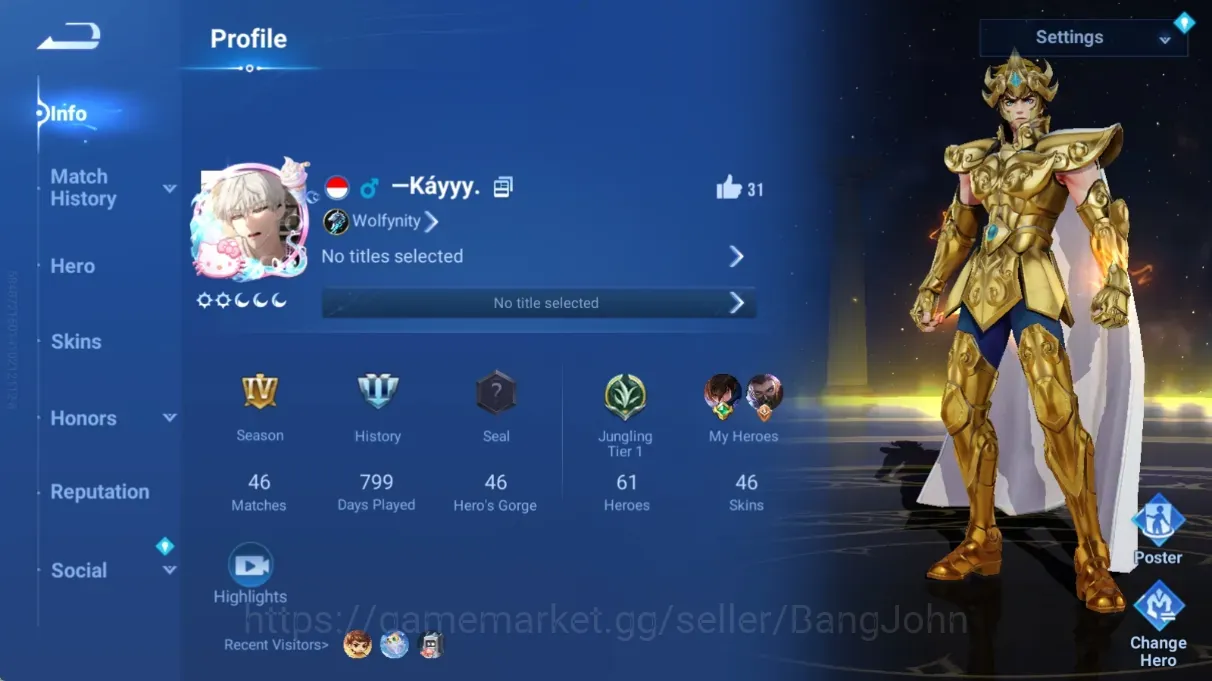Honor of Kings Accounts Rare Skin Global|61H 46S|SaintSeiya:Dharma|Limited:Yuhuan|LNY24:Da Qiao|6 Epic Skin|Check SS HOK815B 1