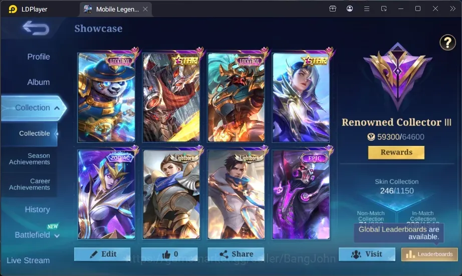 Mobile Legends: Bang Bang Accounts Collector Global|246S|Collector|KOF Karina,Sanrio Floryn,Annual Hayabusa,Star Lesley,LBX 1