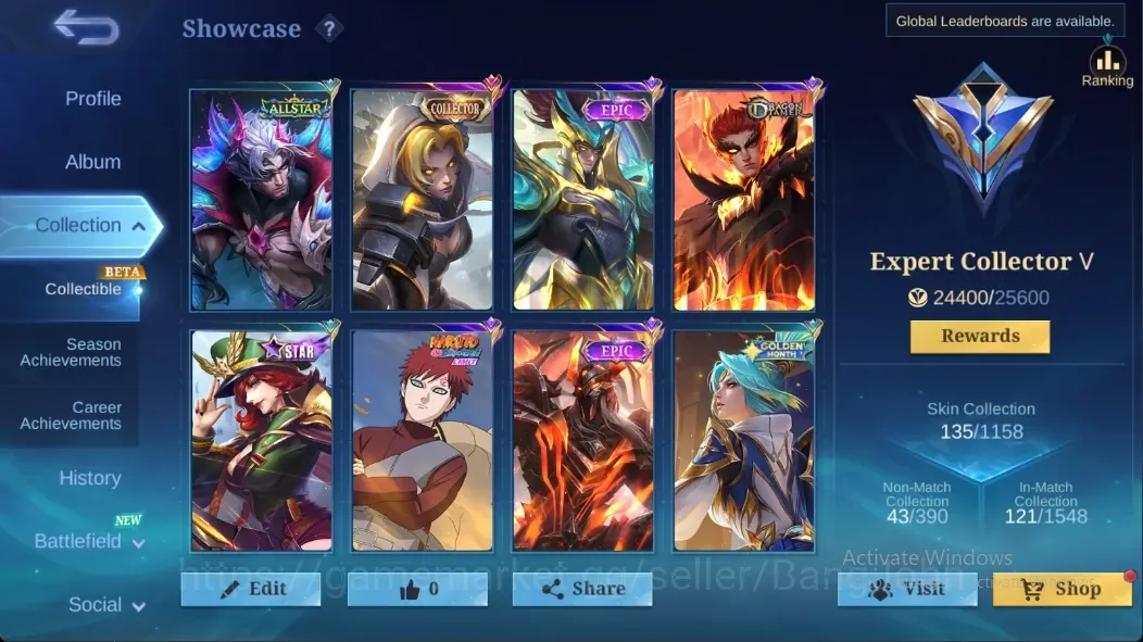 Mobile Legends: Bang Bang Accounts Collector Global|135 Skin|Expert|SABER Johnson Cyclops,VENOM Grock Dyrroth,KOF 1