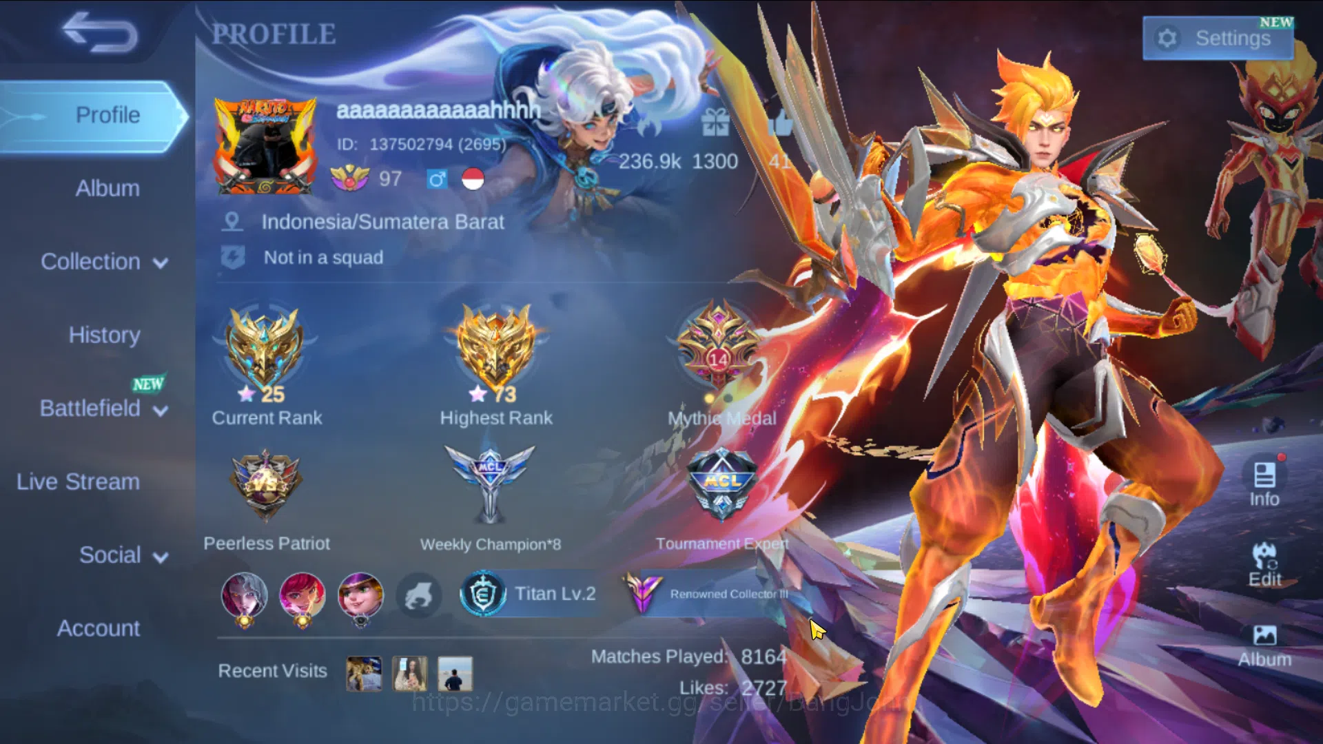 Mobile Legends: Bang Bang Accounts Hero 131, Skin 260 WR 54% | Prime Claude, LBox Rog image 1