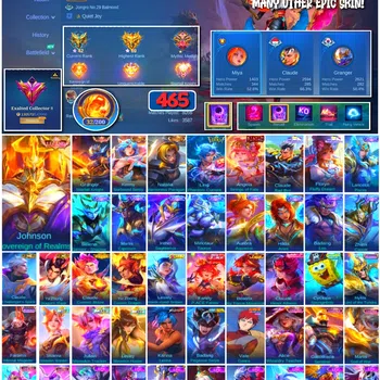 Mobile Legends: Bang Bang Accounts 🔥 #4102 🔥 💎 465 Skins 👑 Legend Johnson Sovereign of Realms ⚔️ Exalted Collector II