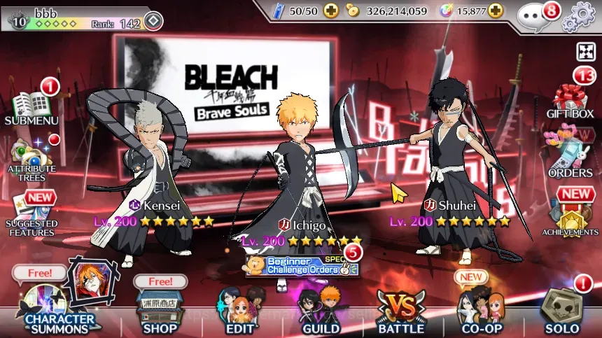 Bleach: Brave Souls Accounts Starter Global| 15K Orb| 4 MT Char(Ichigo,Kensei,Rendi,Hisagi TYBW)|| Fresh Story and Side 1