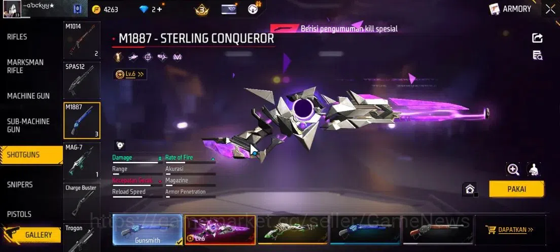 Free Fire Accounts Indonesia| M1887 Sterling Conqueror Lv 6,Hand of H image 4
