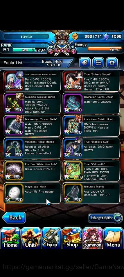 Grand Summoners Accounts End-Game Global|Rank 51|1099 CC|3 Ascend+3 TW| [Shizu,Diablo,DLS Rimuru]+TW |Lpot 46|Check 8