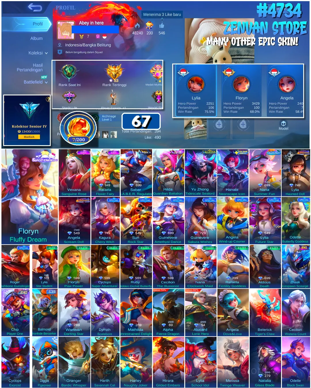 Mobile Legends: Bang Bang Accounts #4734 67 Skins | Floryn Fluffy Dream (SANRIO) | Rafaela Flower Fairy (EPIC) | Vexana 1