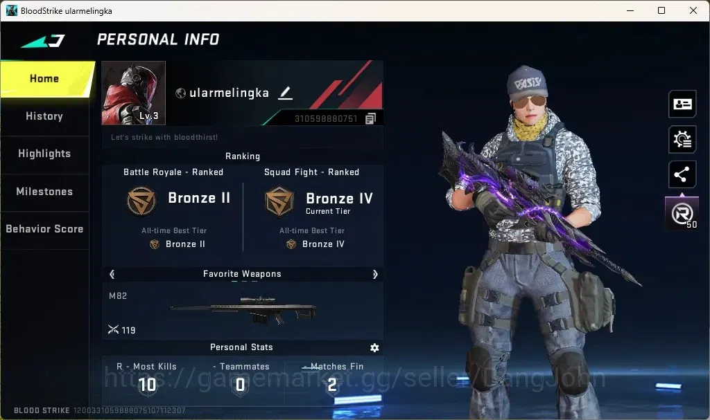 Blood Strike Accounts Others ASIA | 1 ETERNAL: Kala - Whisper |1 Ultra Melee - Dark Force|1 Ultra Loot Crate|1 Epic Name 1