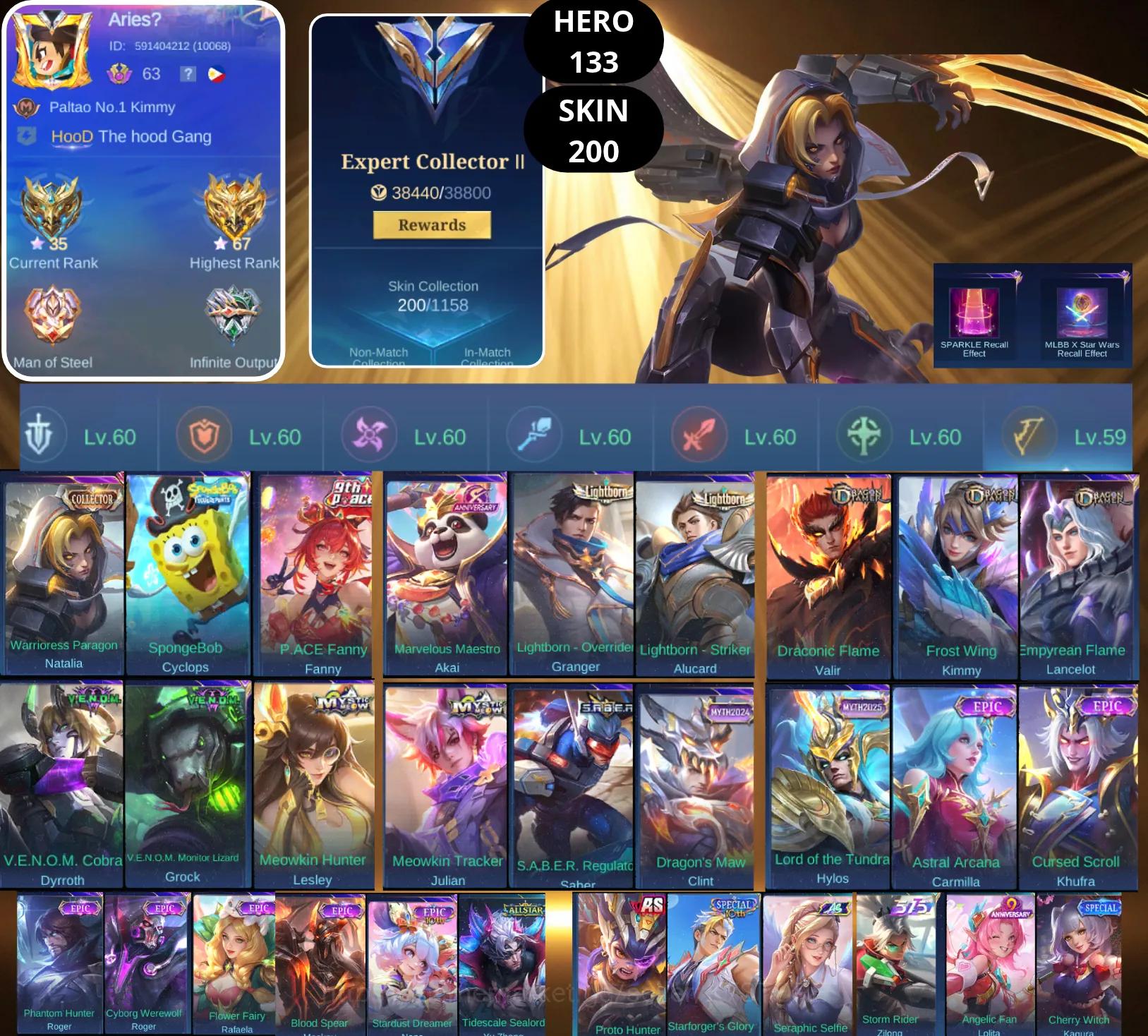 Mobile Legends: Bang Bang Accounts Smurf BEST OFFER | HERO 133 | SKIN 200 | NATALIA COLLECTOR | CYCLOPS SPONGEBOB | FANNY 1
