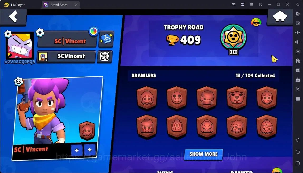Brawl Stars Accounts Global |Trophy 409| 13 Brawler|2152 Bling|21 Gems|1 Rare,5 Epic Skins| ProtectOff |Check SS BRS284B 2
