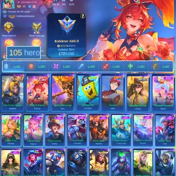 Mobile Legends: Bang Bang Accounts Others HERO 105 SKIN 172 | EMBLEM ALL MAX| COLECTOR NATALIA| PACE FANNY| VALE GARA| EPIC