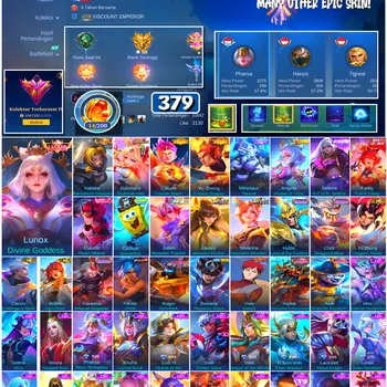 Mobile Legends: Bang Bang Accounts #4542 379 Skins | Lunox Divine Goddess (LEGEND) | Karina Leona (KOF) | Roger Grimlock