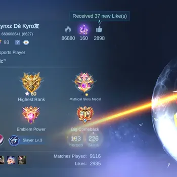 Mobile Legends: Bang Bang Accounts Others Hero 133|Skin 226|Renowned|HighMythic 60|KOF Karina|Neymar Jr Bruno|SABER