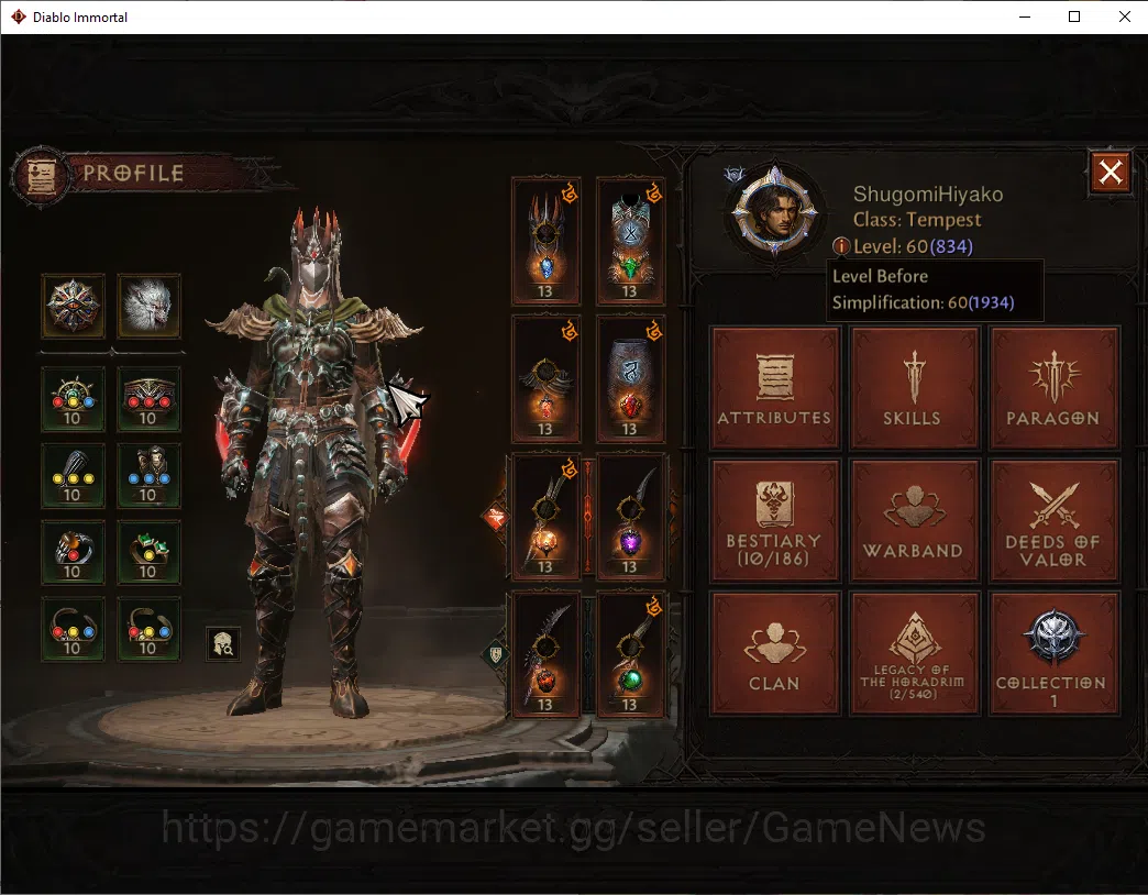 Diablo Immortal Accounts NA-High Heaven|CS ON|Lv60(834)|Tempest|CR 41k|Reso image 3