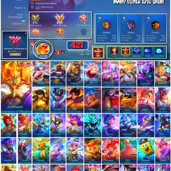 Mobile Legends: Bang Bang Accounts 🔥 #4199 🔥 💎 421 Skins 👑 Legend Johnson Sovereign of Realms ⚔️ Exalted Collector II