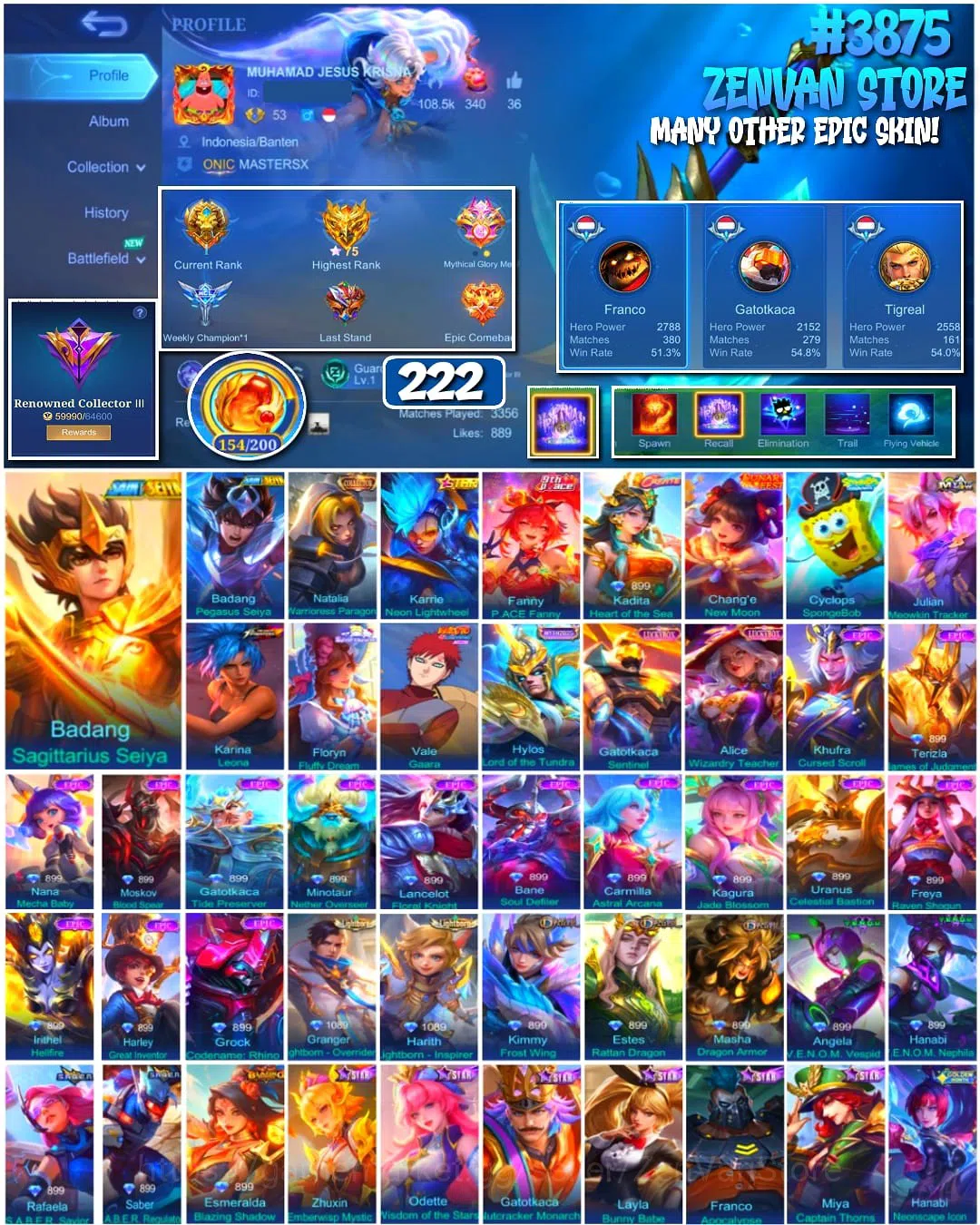 Mobile Legends: Bang Bang Accounts #3875 222 Skins | Collector Natalia | SpongeBob | image 1