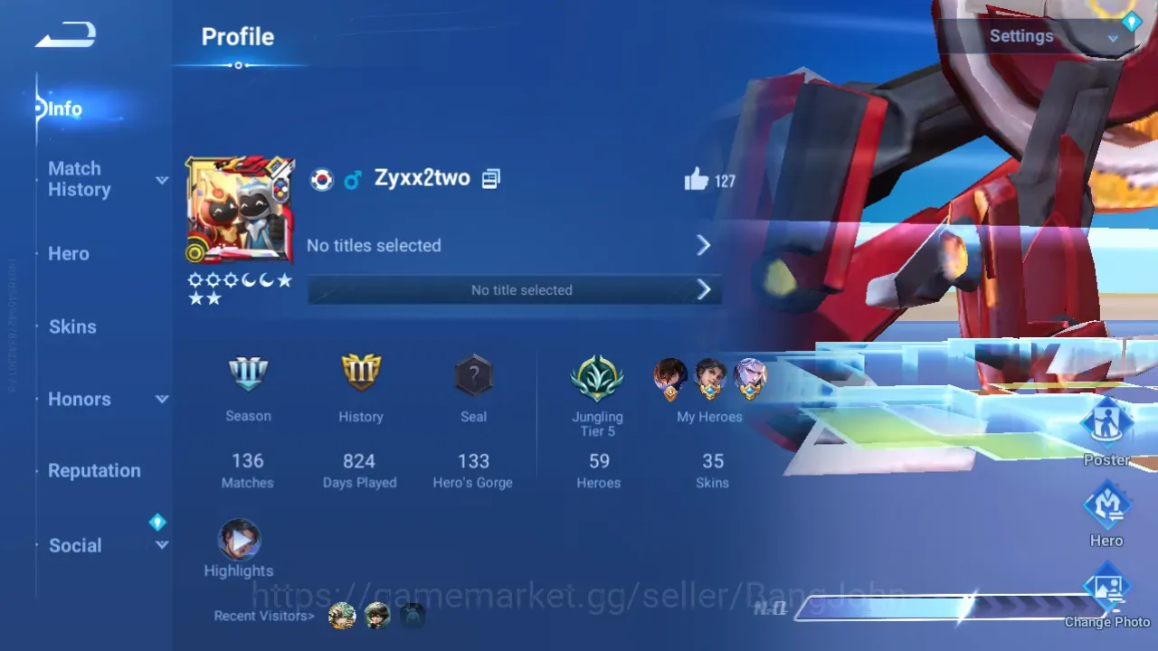 Honor of Kings Accounts Rare Skin HOK Global 59H 35S | Jung T5 | Legend Lam | Haya Worldly | LOM Guiguzi | Full SS HOK1038B 1