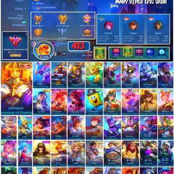Mobile Legends: Bang Bang Accounts 🔥 #4101 🔥 💎 413 Skins 👑 Legend Johnson Sovereign of Realms ⚔️ Exalted Collector IV