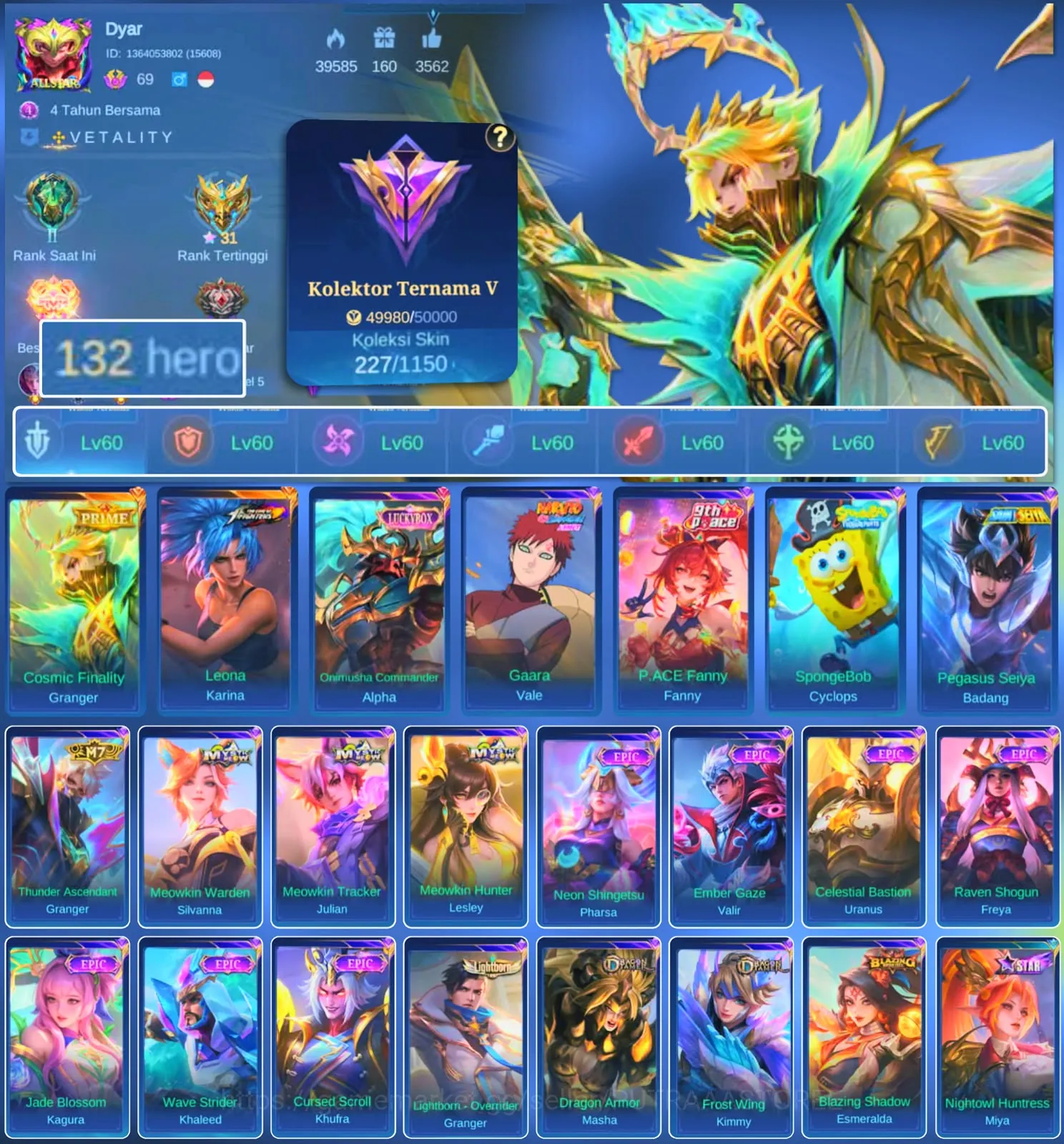 Mobile Legends: Bang Bang Accounts Rare Skin HERO 132 SKIN 227 | EMBLEM ALL MAX| PRIMER GRENGER| LUCKBOX ALPHA | PACE FANNY 1