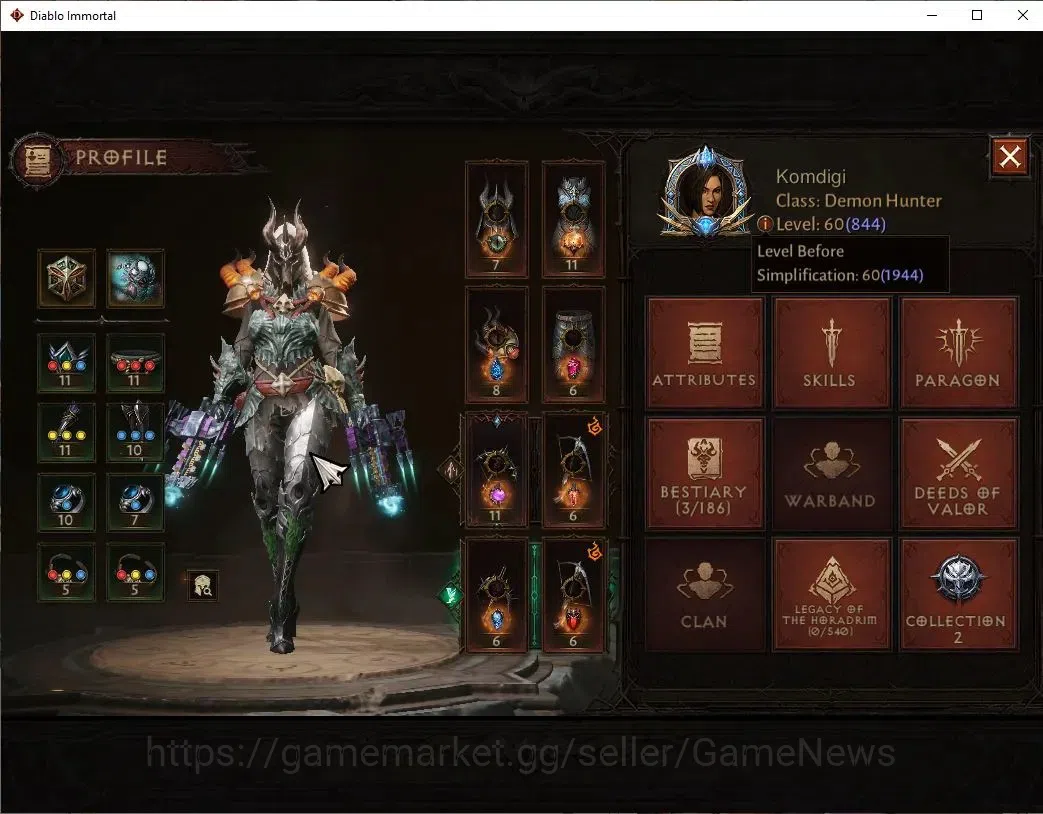 Diablo Immortal Accounts SA - Malah|CS ON|Lv60(844)|Demon Hunter|CR 44k|Res image 3