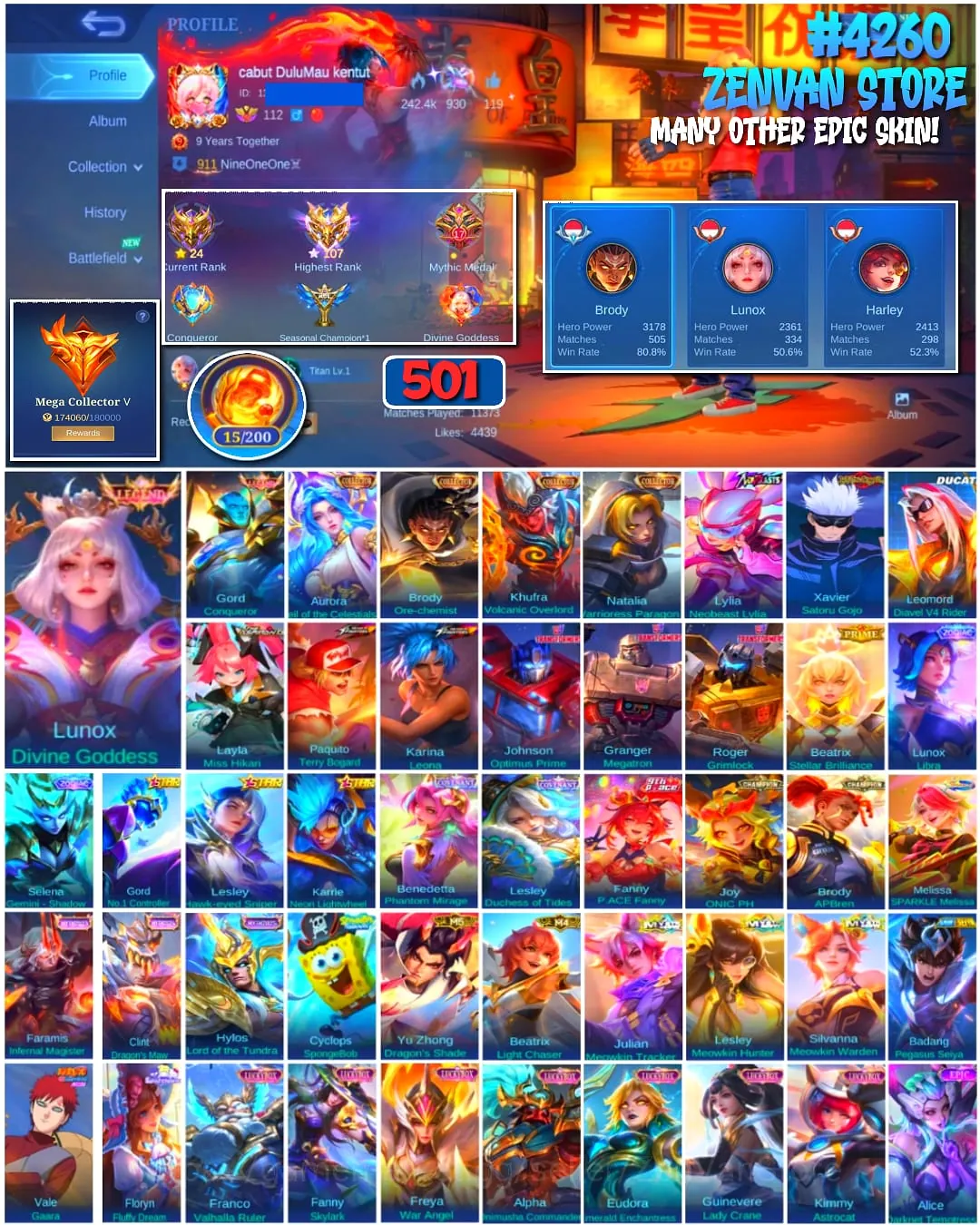 Mobile Legends: Bang Bang Accounts #4260 501 Skins | Xavier Satoru Gojo (Jujutsu Kaisen) | Vale Gaara (Naruto) | Karina 1