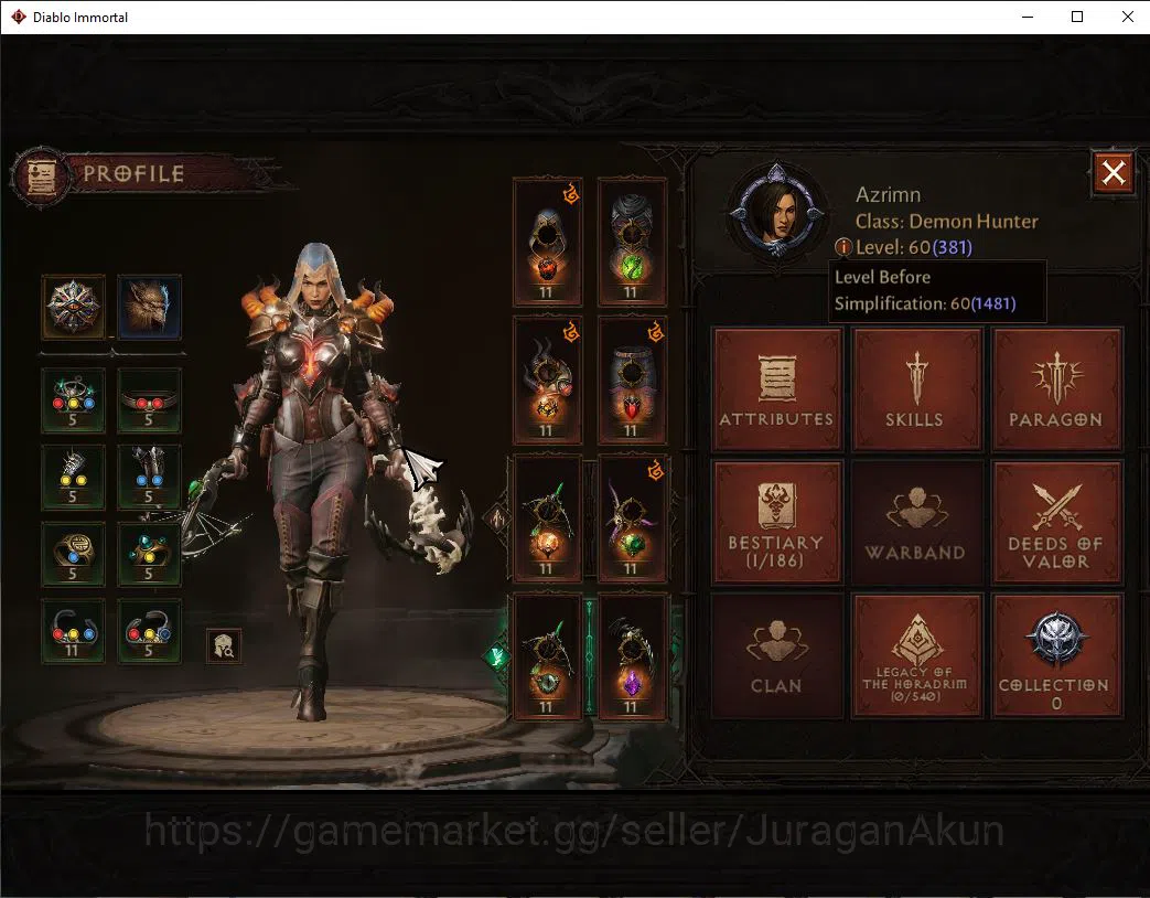 Diablo Immortal Accounts Mid-Tier NA -Malah|Lv60(381) Demon Hunter |32K CR|Reso 330|Inferno I|Paragon Maledictor|Hell Lv 3