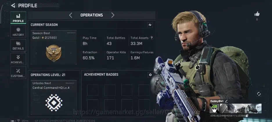 Delta Force Accounts ASIA|OL 21|TA 33M(Alloy 29M)|7 Legendary WP Skin|M249 Summer Pt,Cybertoxin (SR-3M,SV-98),Etc|Stash 1