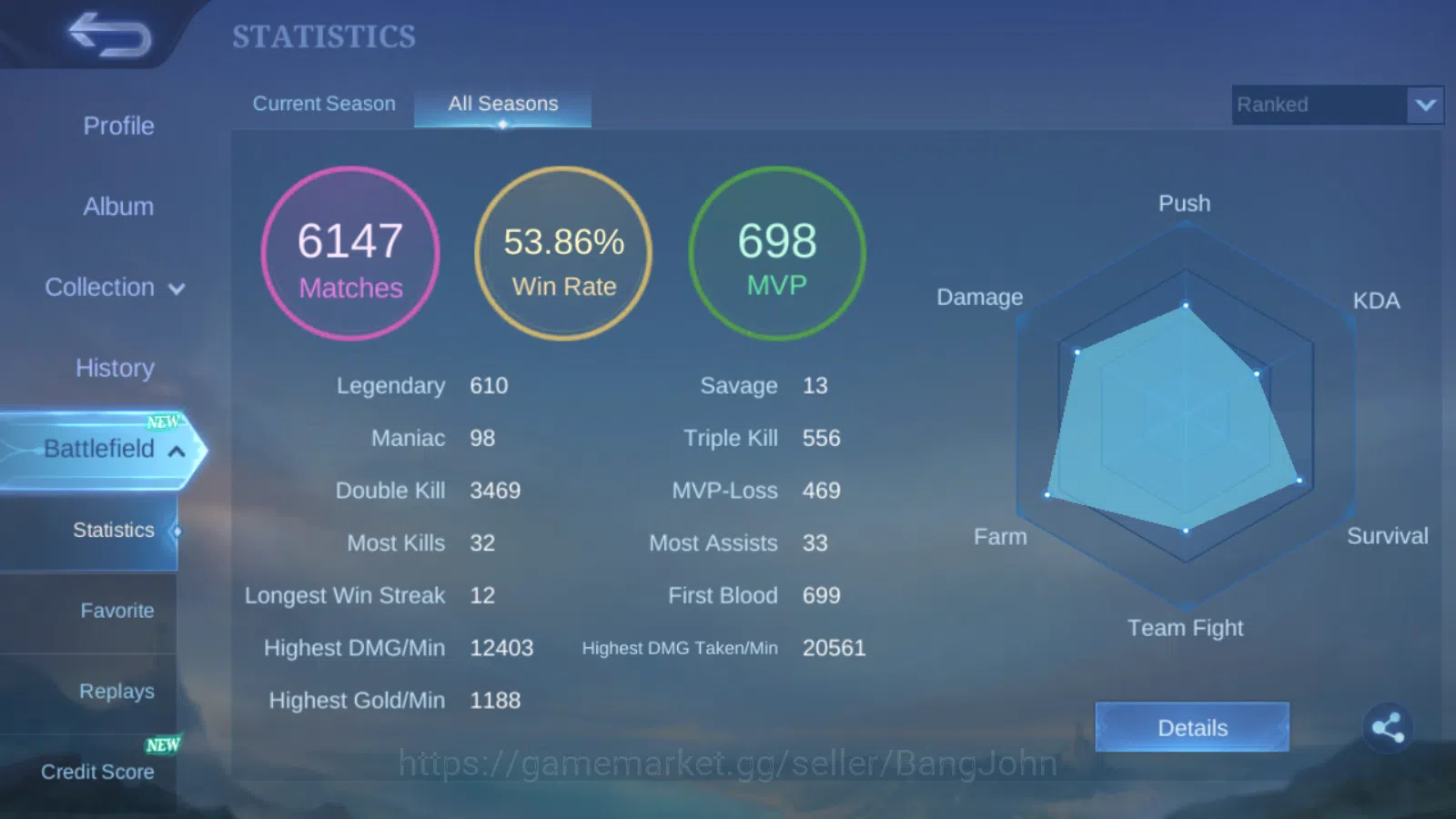 Mobile Legends: Bang Bang Accounts Hero 131 | Skin 322 | Glory | Recal Epic Biru |  T image 2
