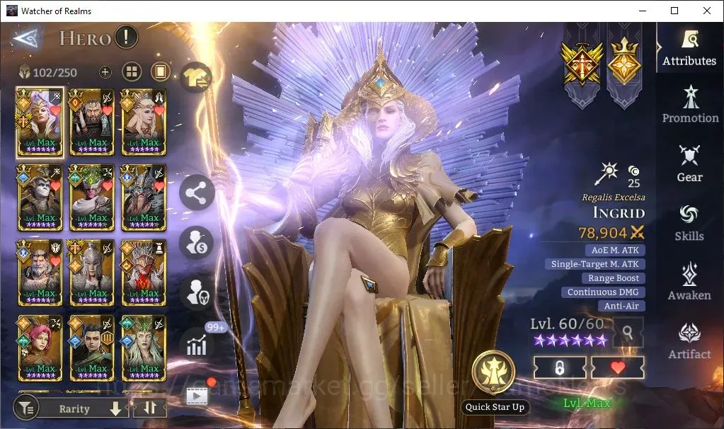Watcher of Realms Accounts End-Game GlobaL 60x|Lv 66|3,3M PWR|6Lord(Ingrid,Iovar,Laya,etc)+35 Legen(6 Assasin(Ezio 1