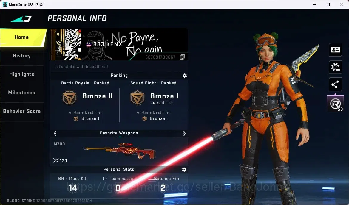 Blood Strike Accounts Others ASIA | 1 ULTRA MELEE: Lightblade - Dark Force | 1 ULTRA GUN: M700 | 2 LEGENDARY GUNS | 1 EPIC 1