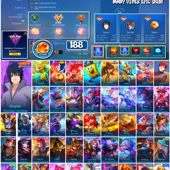 Mobile Legends: Bang Bang Accounts #4275 188 Skins | Suyou Sasuke Uchiha (NARUTO SHIPPUDEN) | Vale Gaara (NARUTO) | Granger