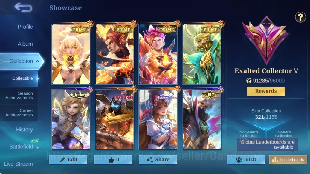 Mobile Legends: Bang Bang Accounts Collector Global|138H 321S|Exalted|Priem Beatrix,Granger,Yu Zhong,Claude|KOF 1