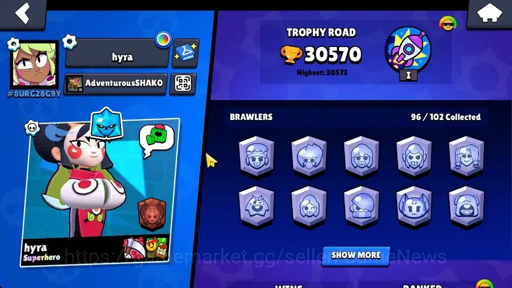 Brawl Stars Accounts 30570 Trophy |Lv 114| 96 Brawlers 25 Max Lvl | UL KAZE | 4 HyperC, 1 Legend, 3 Mythic, 40 Epic Skin |CN 2