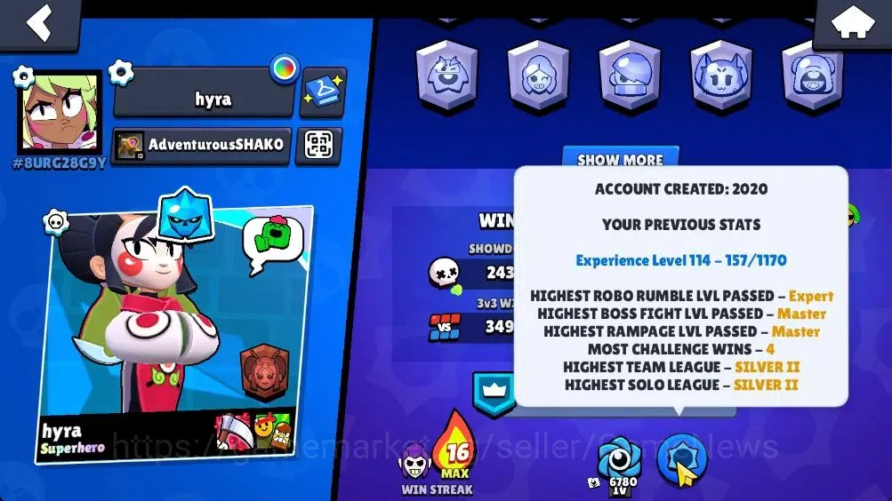 Brawl Stars Accounts 30570 Trophy |Lv 114| 96 Brawlers 25 Max Lvl | UL KAZE | 4 HyperC, 1 Legend, 3 Mythic, 40 Epic Skin |CN 4