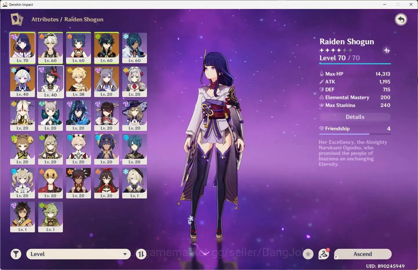 Genshin Impact Accounts Others ASIA | AR 37 | 2 Limit+2 Charsdt | Raiden Shogun,Kinich | MC Female | TakeMail Check SS GI361B 2