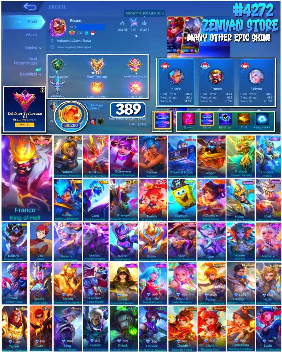 Mobile Legends: Bang Bang Accounts #4272 389 Skins | Franco King of Hell (LEGEND) | Natalia Warrioress Paragon (COLLECTOR 1