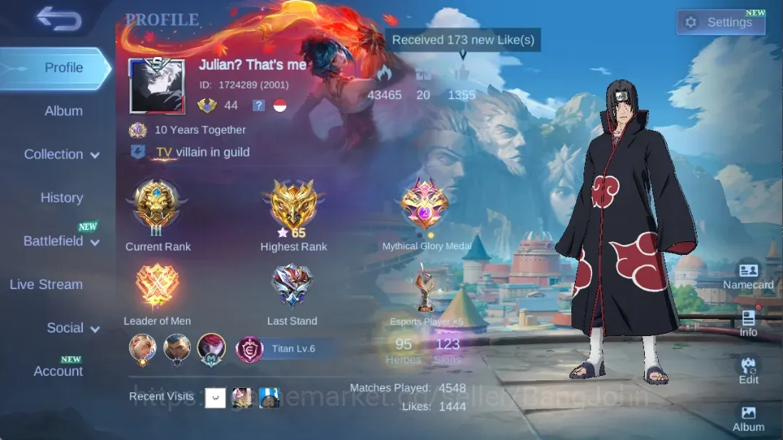 Mobile Legends: Bang Bang Accounts Collector Global|123S|Expert|Itachi,CC Natalia,Epic Freya Roger Valir Kufra,DragonTamer 1