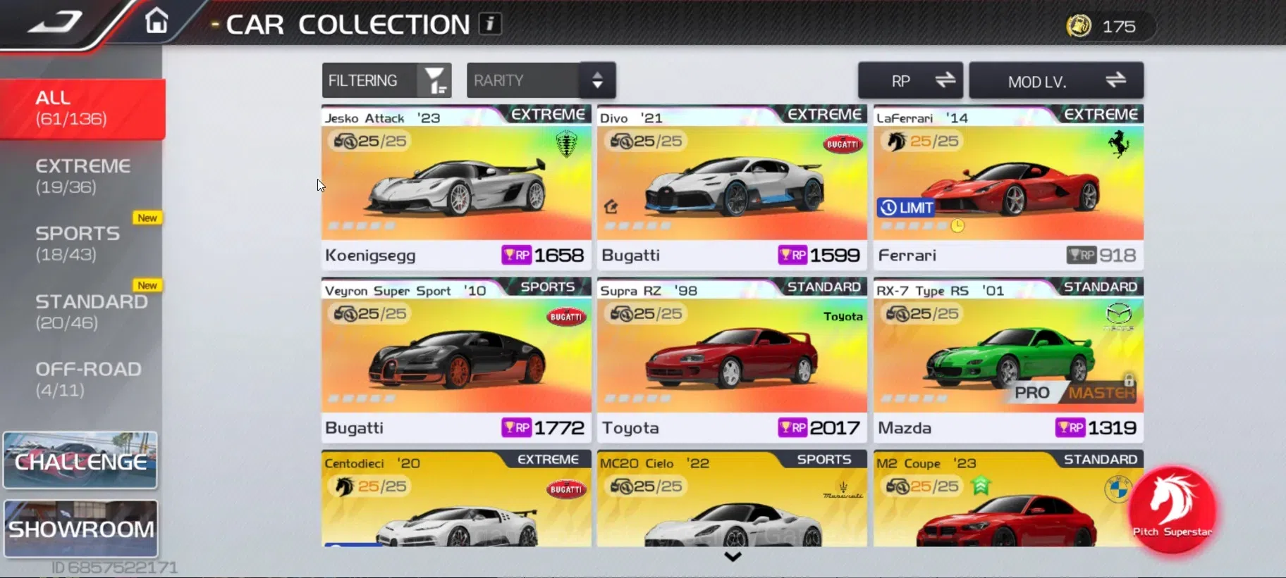 Racing Master Accounts SEA|Lvl 23| 5 PL ( Jesko Attack,Divo,Veyron SS,Supra RZ,RX-7 Type)+50 Etc Car|155K Gold|1653 DM|Log 1