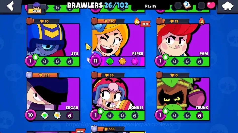 Brawl Stars Accounts 2588 Trophy|6K Bling|26 Brawlers 2 Max Lvl [Piper,Kit]|1 Legend Skins [Toon Spike] 1 Myth [Rude Lou] 7 11