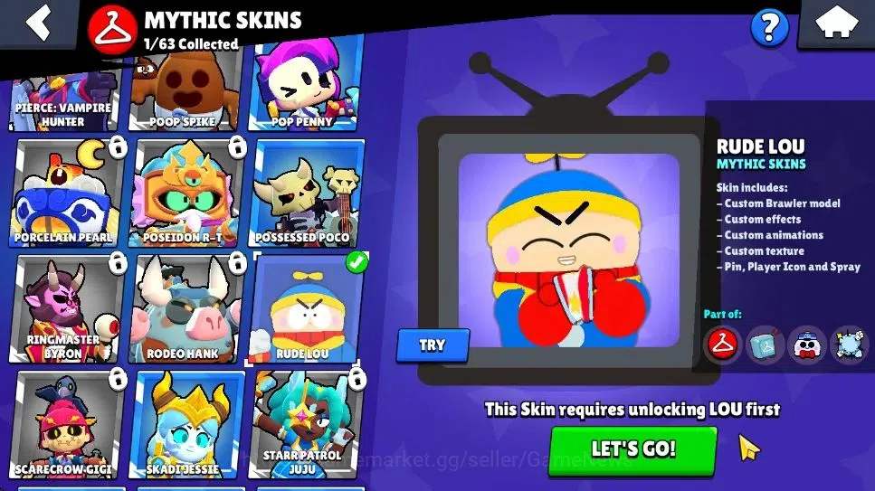 Brawl Stars Accounts 2588 Trophy|6K Bling|26 Brawlers 2 Max Lvl [Piper,Kit]|1 Legend Skins [Toon Spike] 1 Myth [Rude Lou] 7 14