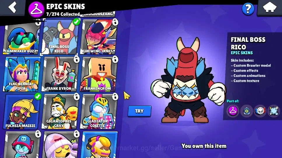 Brawl Stars Accounts 2588 Trophy|6K Bling|26 Brawlers 2 Max Lvl [Piper,Kit]|1 Legend Skins [Toon Spike] 1 Myth [Rude Lou] 7 16