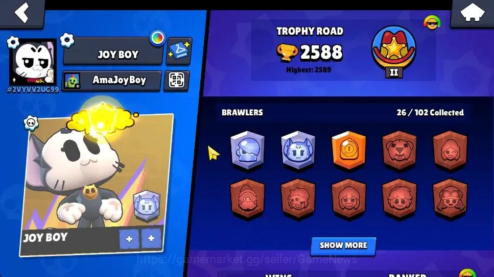 Brawl Stars Accounts 2588 Trophy|6K Bling|26 Brawlers 2 Max Lvl [Piper,Kit]|1 Legend Skins [Toon Spike] 1 Myth [Rude Lou] 7 2