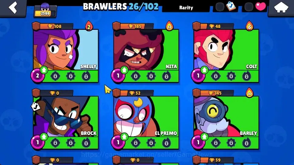 Brawl Stars Accounts 2588 Trophy|6K Bling|26 Brawlers 2 Max Lvl [Piper,Kit]|1 Legend Skins [Toon Spike] 1 Myth [Rude Lou] 7 8