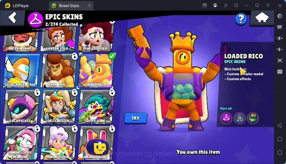 Brawl Stars Accounts Trophy 1974|20 Brawler|1Max Hc Lv.11(Shelly)|1Mythic(otis),2Epic(Iris,Rico),2SR Skin|4588 Bling|Proteck 12