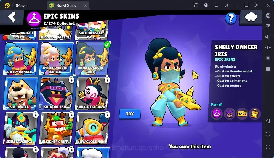 Brawl Stars Accounts Trophy 1974|20 Brawler|1Max Hc Lv.11(Shelly)|1Mythic(otis),2Epic(Iris,Rico),2SR Skin|4588 Bling|Proteck 13