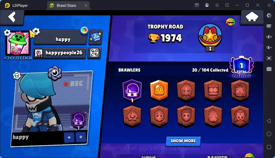 Brawl Stars Accounts Trophy 1974|20 Brawler|1Max Hc Lv.11(Shelly)|1Mythic(otis),2Epic(Iris,Rico),2SR Skin|4588 Bling|Proteck 2