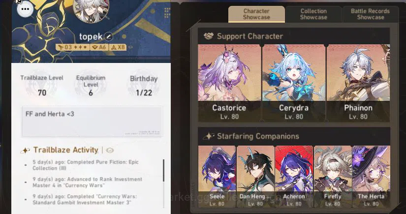 Honkai Star Rail Accounts ASIA|TL 70|18 Limit [Castorice,Phainon,Argenti,Fir image 1