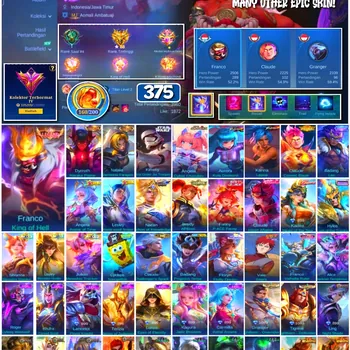 Mobile Legends: Bang Bang Accounts #4388 375 Skins | Franco King of Hell (LEGEND) | Aurora Kula Diamond (KOF) | Karina Leona
