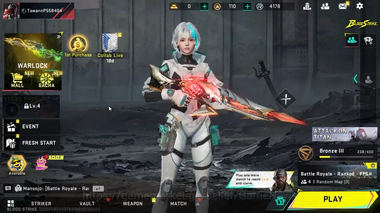 Blood Strike Accounts Collab Skin ASIA|ETERNAL Spear-Relic Lv2|Collab ONE PUNCH MAN Parachute-Saitama|3 Legendary 1