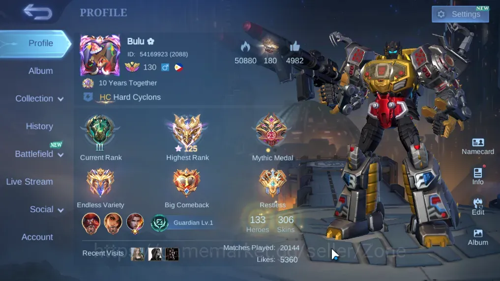 Mobile Legends: Bang Bang Accounts Collector GLobal|Hero 133|Skin 306|Collector Natalia+Roger Transformers|Lightbor 1