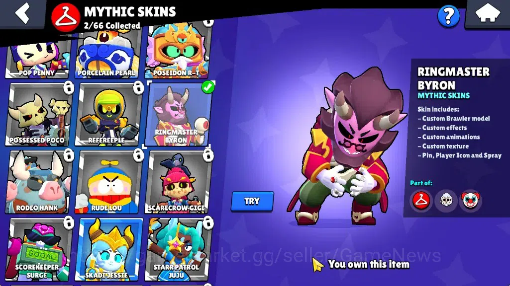Brawl Stars Accounts 509 Trophy|18 Brawlers 1 Max (Byron)|7k PP|2 Mythic (Gridiron Otis,Ringmaster Byron),6 Epic Skin|CN 11