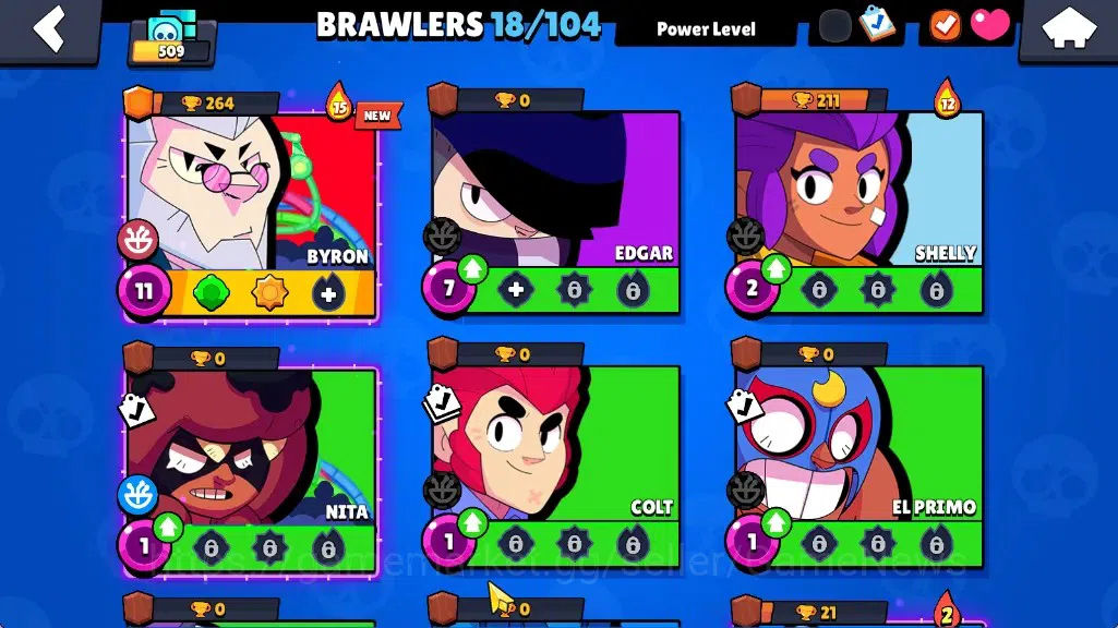 Brawl Stars Accounts 509 Trophy|18 Brawlers 1 Max (Byron)|7k PP|2 Mythic (Gridiron Otis,Ringmaster Byron),6 Epic Skin|CN 7